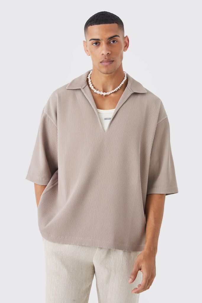 Men's Pleated Oversized Boxy V Neck Shirt - Brown - S, Brown