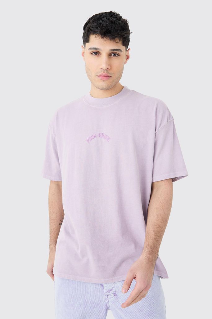 Men's Oversized Distressed Washed Embroidered T-Shirt - Purple - S, Purple