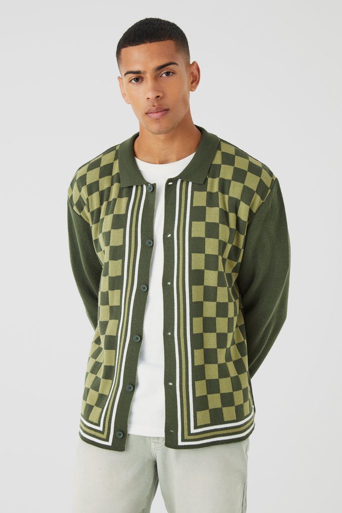 Men's Oversized Long Sleeve Checkerboard Knit Shirt - Green - S, Green