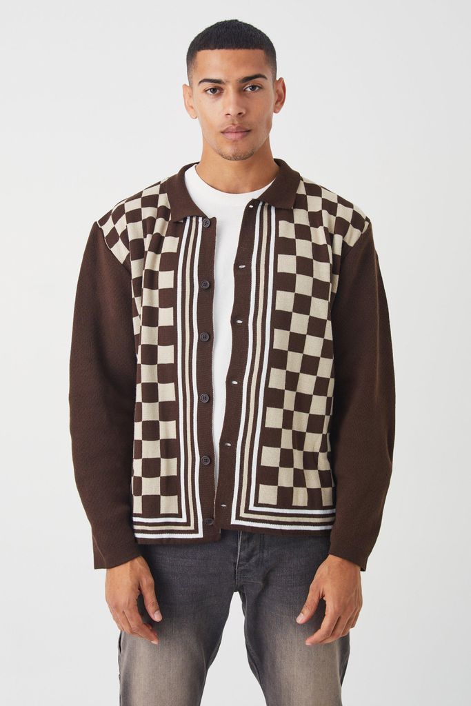 Men's Oversized Long Sleeve Checkerboard Knit Shirt - Brown - S, Brown