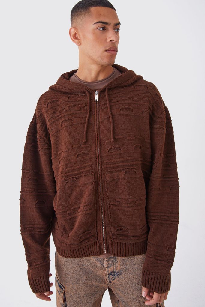 Men's Oversized 3D Jacqaurd Knitted Zip Through Hoodie - Brown - S, Brown