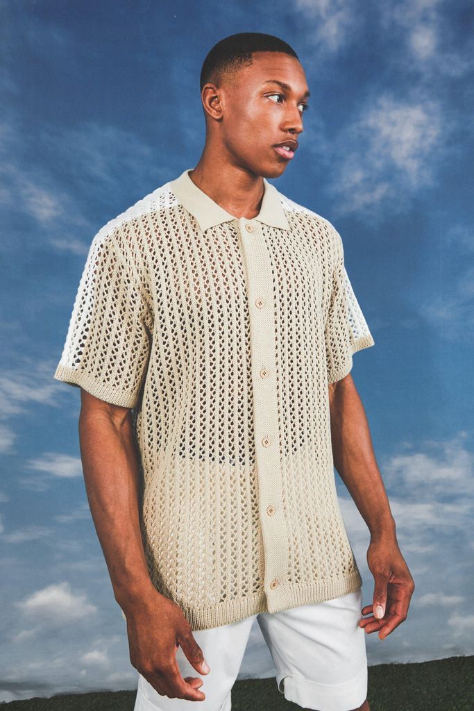 Men's Short Sleeve Colour Block Knit Open Stitch Shirt - Beige - Xs, Beige