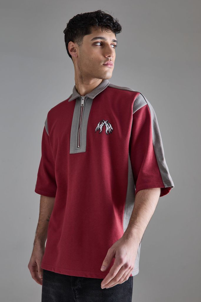 Men's Oversized Half Sleeve Colour Block Sweat Polo - Red - S, Red