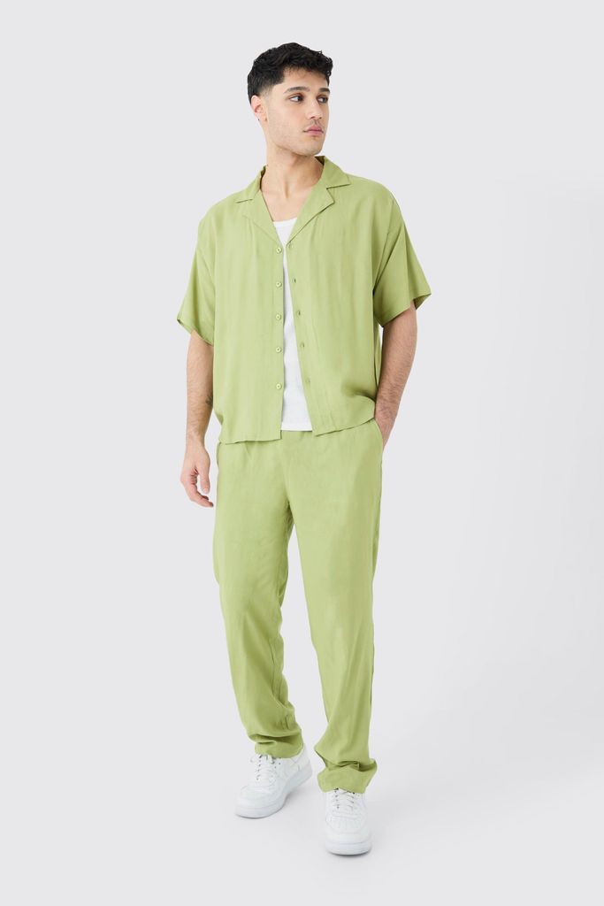 Men's Plain Viscose Boxy Shirt And Trouser - Green - L, Green