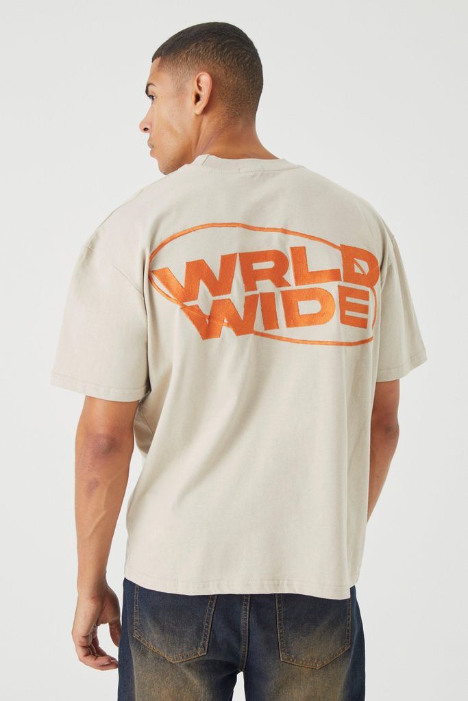Men's Oversized Heavy Embroidered Worldwide T-Shirt - Beige - S, Beige