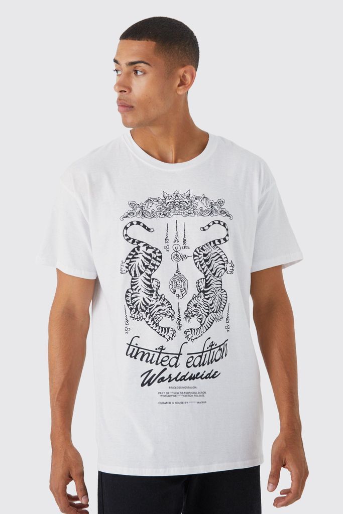 Men's Oversized Tiger Graphic T-Shirt - White - S, White