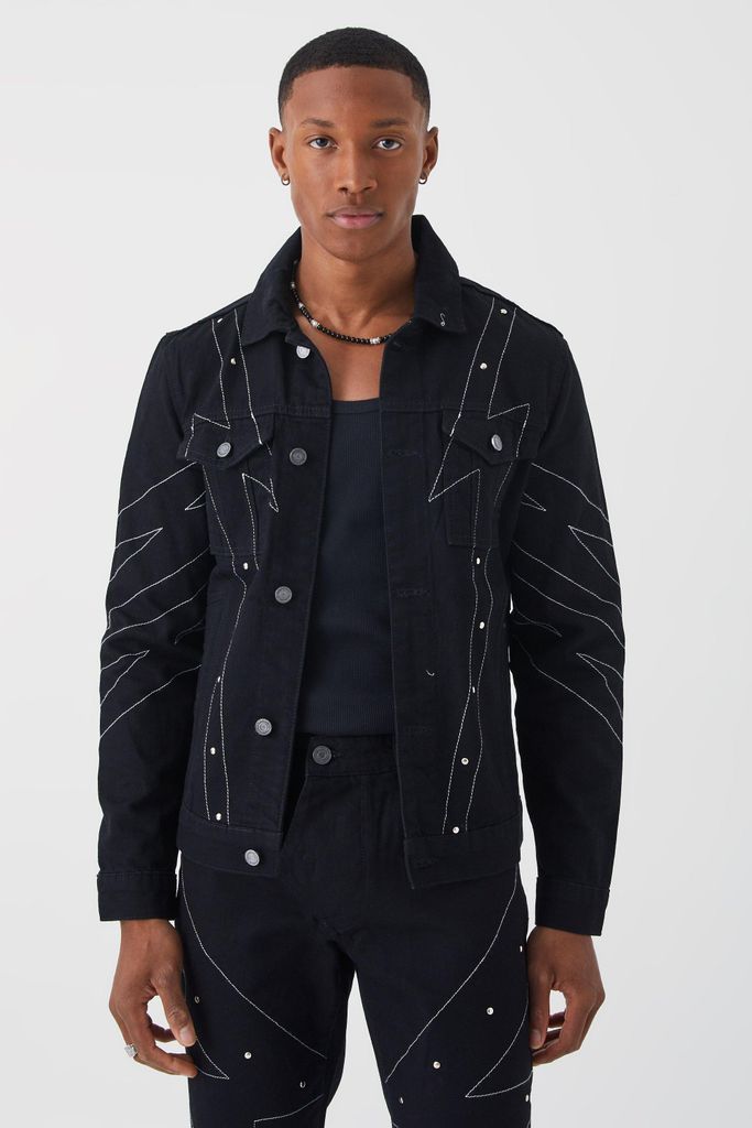Men's Studded Denim Jacket With Contrast Stitch - Black - S, Black
