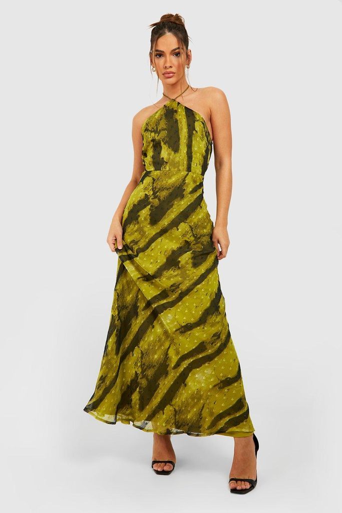 Womens Abstract Dobby Halterneck Maxi Dress - Green - 8, Green