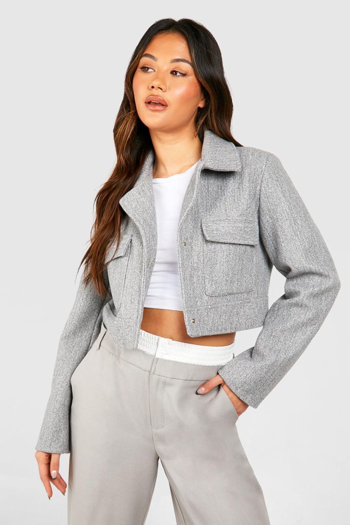 Womens Asymmetric Crop Wool Look Jacket - Grey - 8, Grey