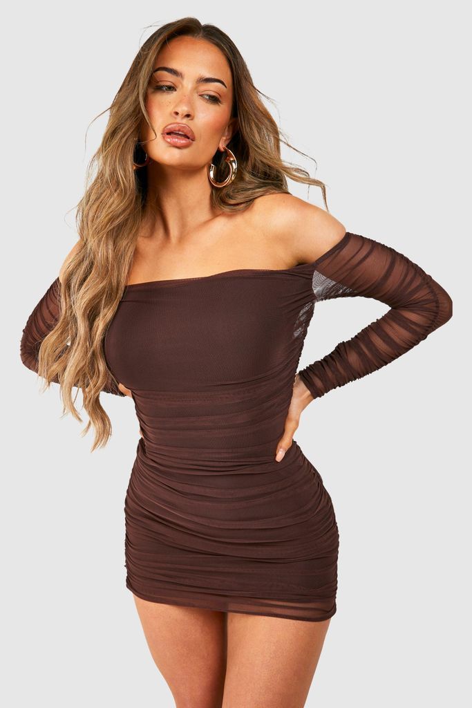 Womens Bardot Ruched Mesh Mini Dress - Brown - 8, Brown