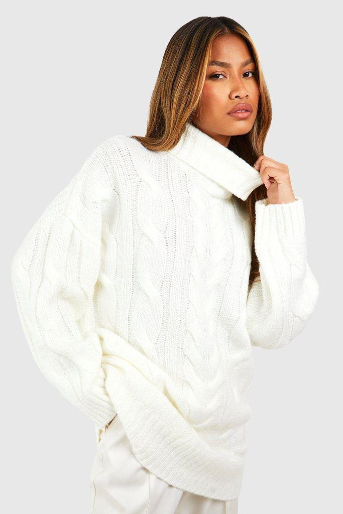 Womens Chunky Cable Knit Roll Neck Oversized Jumper - White - S, White
