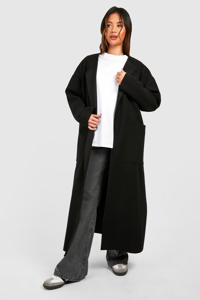 Womens Collarless Maxi Wool Look Coat - Black - 8, Black