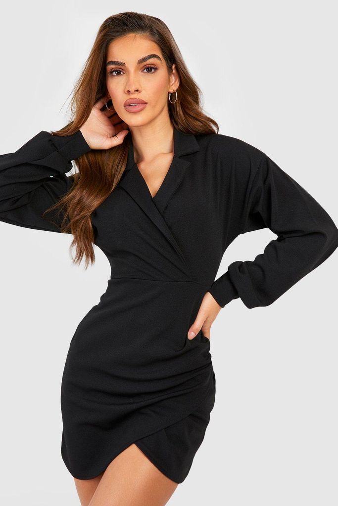 Womens Crepe Volume Sleeve Wrap Front Shirt Dress - Black - 6, Black