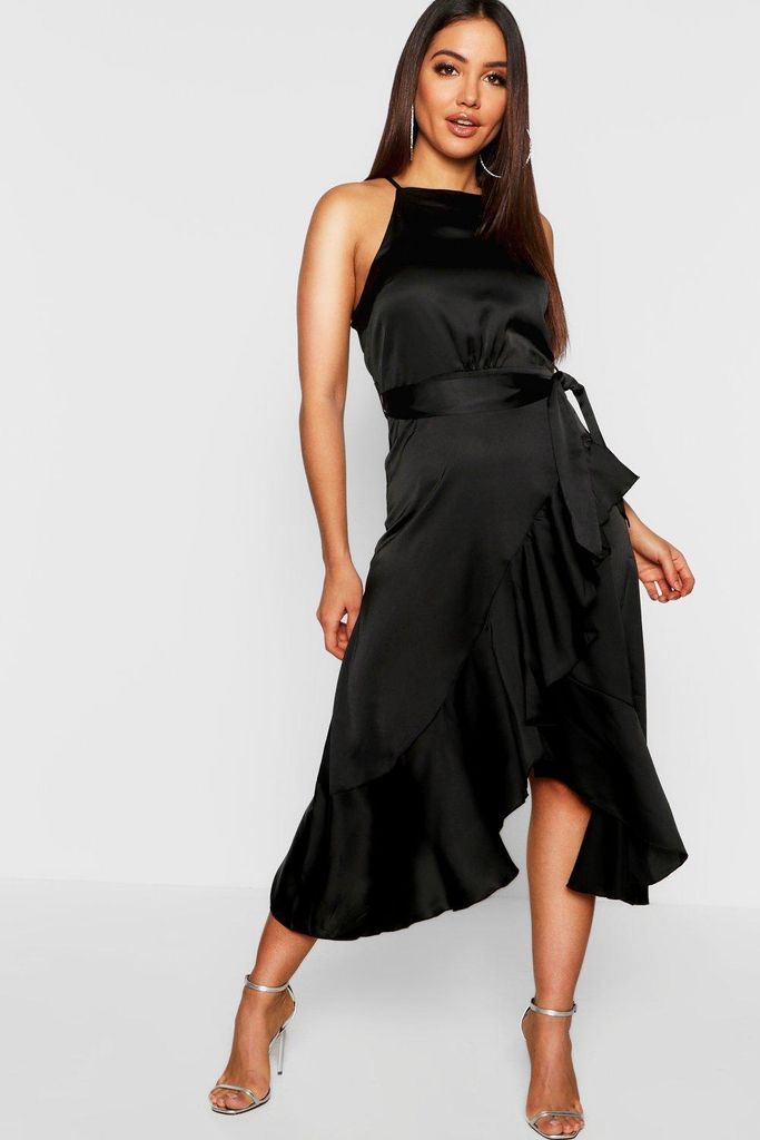 Womens Satin Frill Wrap Midi Dress - Black - 16, Black