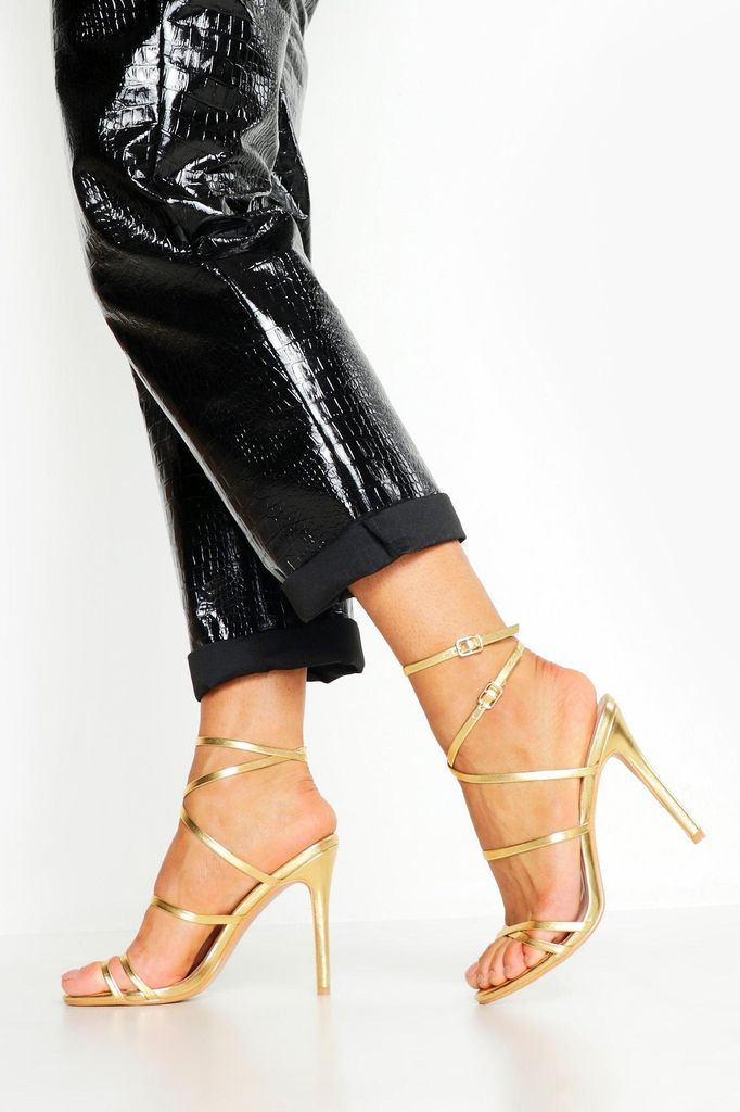 Womens Skinny Strap Lace Up Stiletto Heels - Gold - 4, Gold