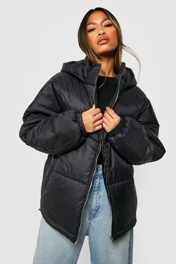 Womens Hooded Quilt Detail Puffer Jacket - Black - 8, Black