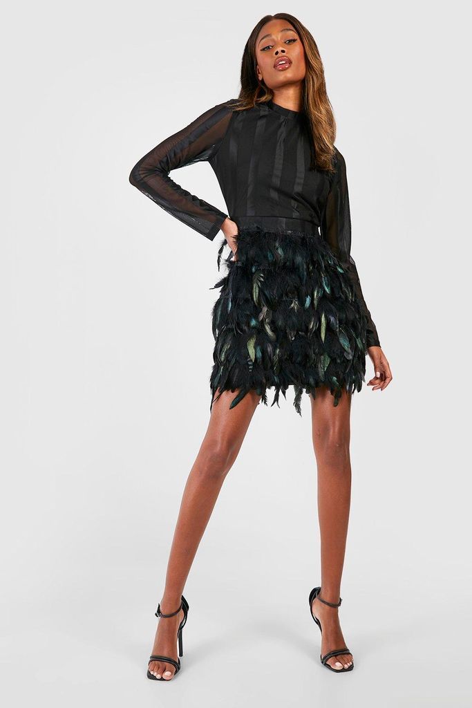 Womens High Neck Feather Skirt Mini Party Dress - Black - 8, Black
