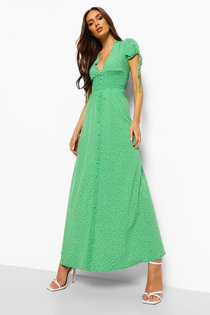 Womens Polka Dot Shirred Waist Maxi Dress - Green - 8, Green