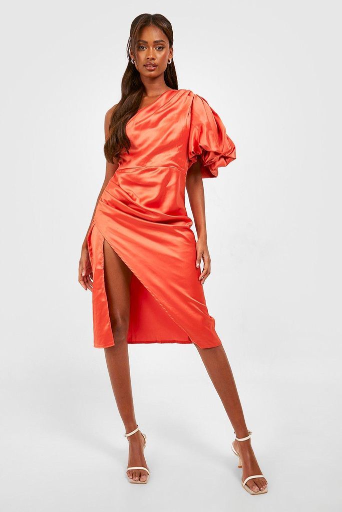 Womens Puff One Shoulder Side Split Midi Dress - Orange - 8, Orange
