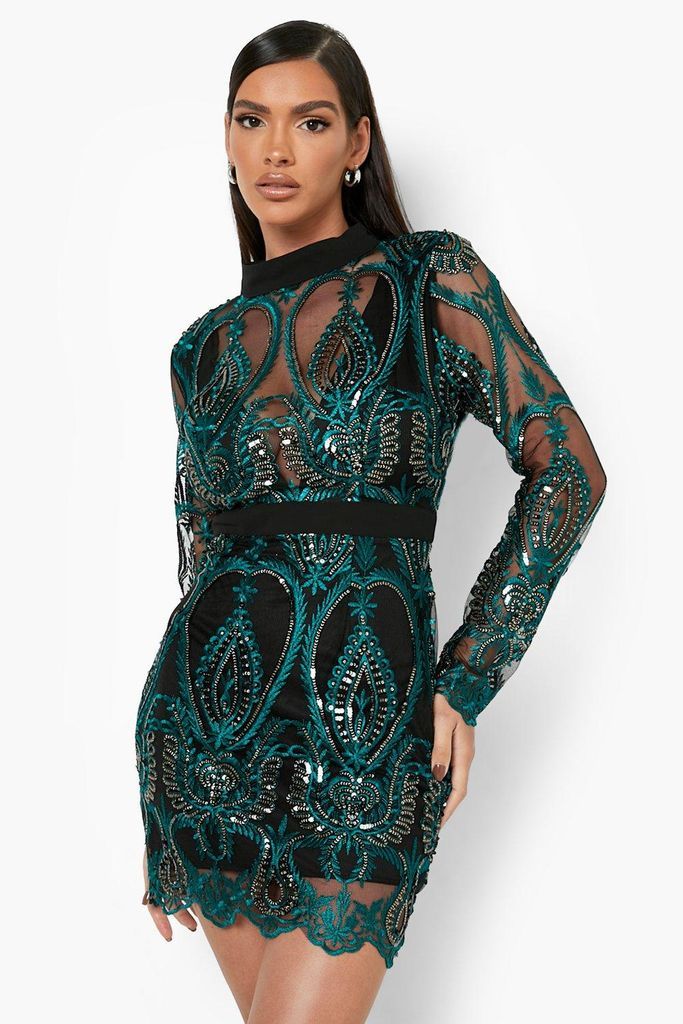 Womens Sequin Damask Cupped Mini Party Dress - Green - 6, Green