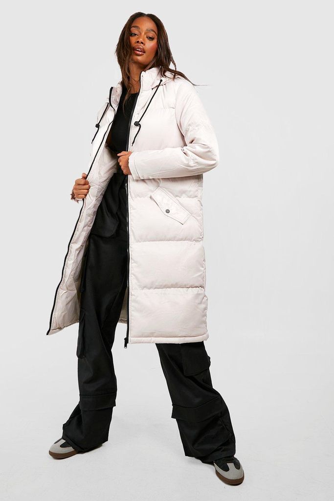 Womens Longline Hooded Padded Puffer Jacket - Beige - 8, Beige