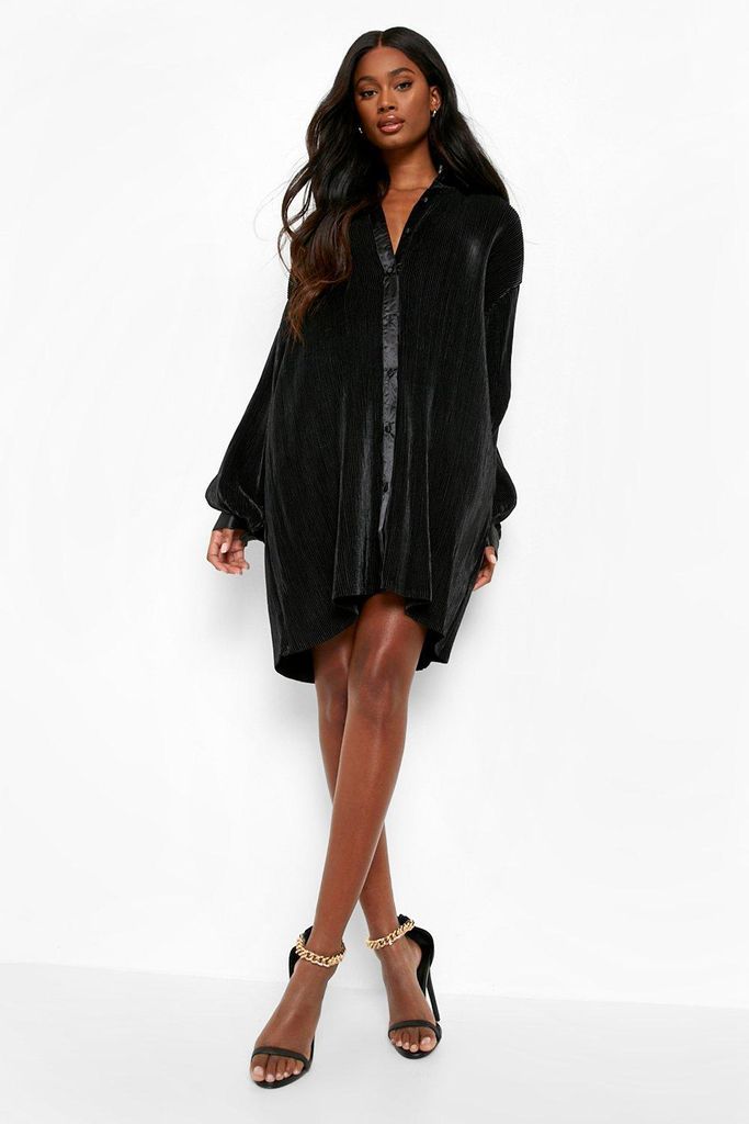 Womens Premium Plisse Oversized Shirt Dress - Black - 8, Black