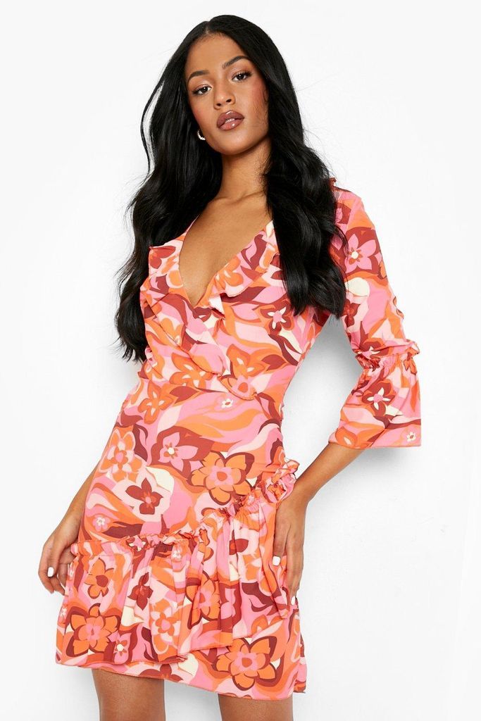 Womens Tall Marble Print Frill Detail Wrap Dress - Pink - 8, Pink