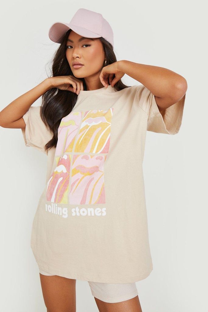 Womens Rolling Stones Oversized Band T-Shirt - Beige - S, Beige