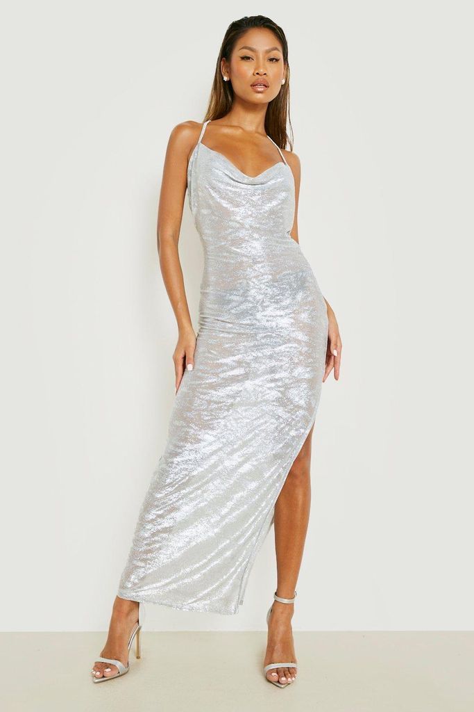 Womens Metallic Foil Texture Cowl Neck Maxi Dress - Grey - 6, Grey