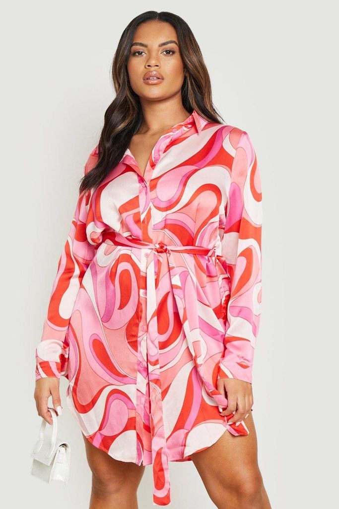 Womens Plus Abstract Printed Shirt Dress - Pink - 16, Pink