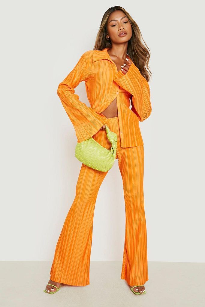 Womens Flared Plisse Trousers - Orange - 8, Orange