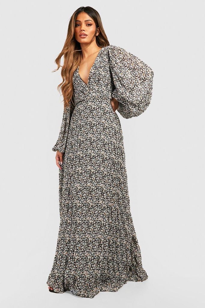 Womens Floral Pleated Wrap Maxi Dress - Navy - 8, Navy