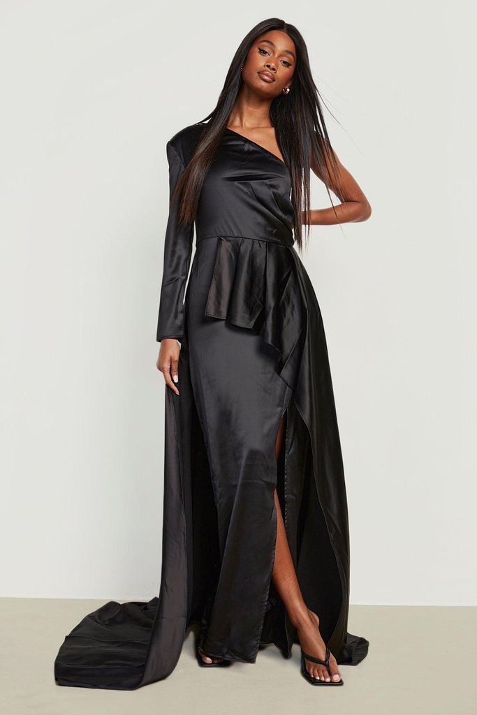 Womens Satin Asymmetric Split Peplum Maxi Dress - Black - 8, Black