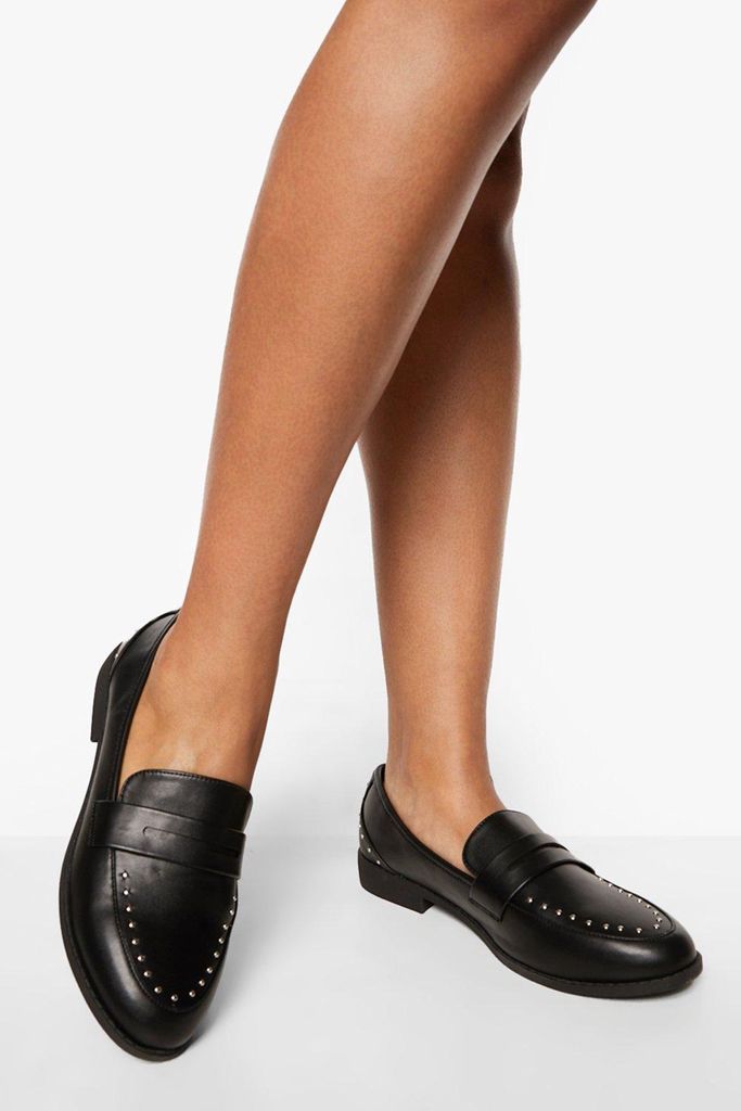Womens Pu Studded Detail Loafers - Black - 6, Black