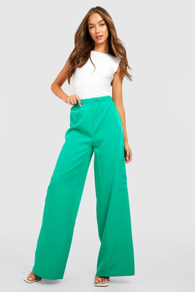 Womens High Waisted Crepe Cargo Wide Leg Trousers - Green - 6, Green