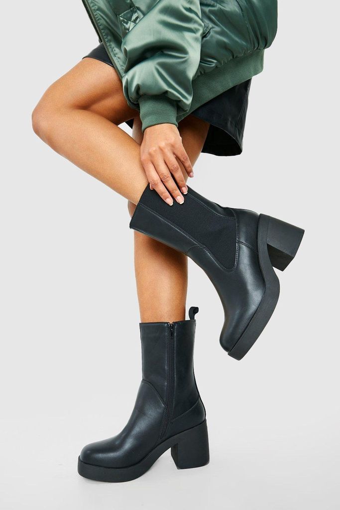 Womens Wide Fit Block Heel Platform Chelsea Boots - Black - 3, Black