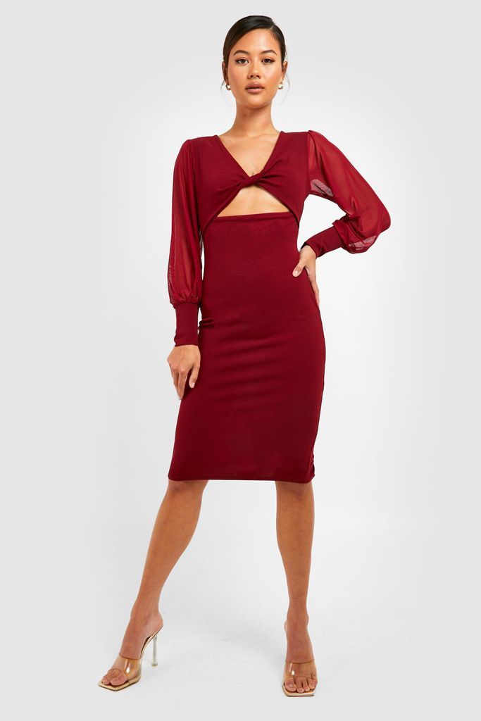 Womens Petite Volume Mesh Sleeve Twist Midi Dress - Red - 4, Red