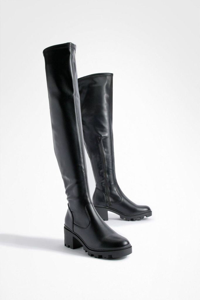 Womens Knee High Block Heeled Boots - Black - 3, Black