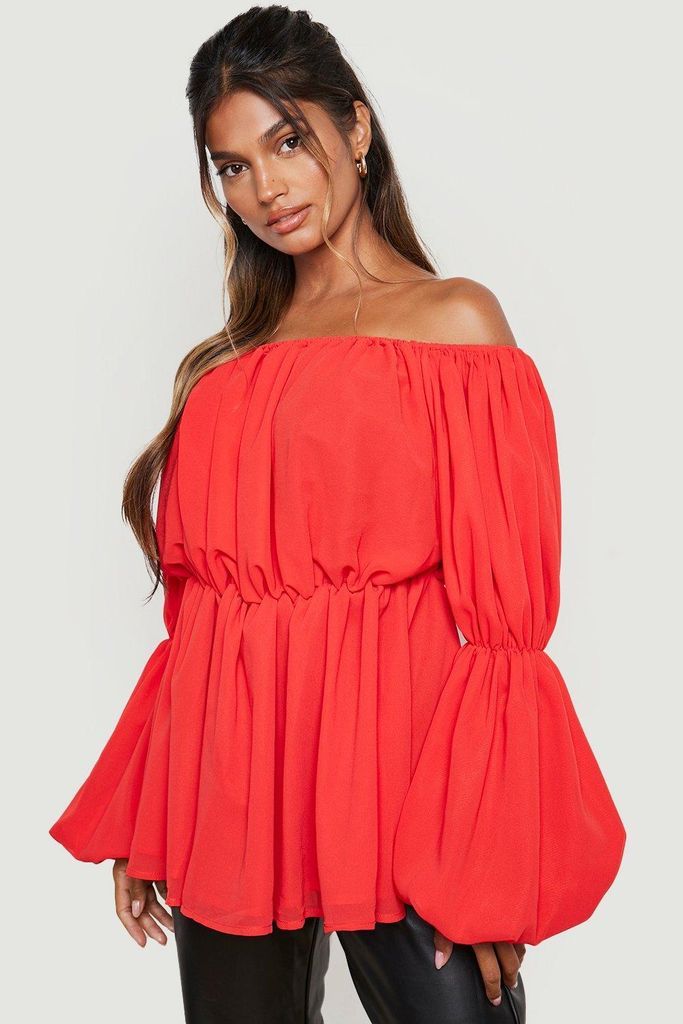 Womens Off The Shoulder Balloon Sleeve Peplum Top - Red - 8, Red