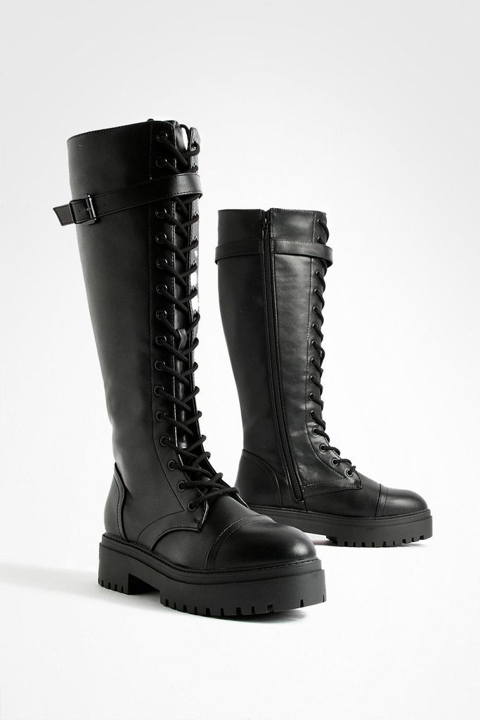 Womens Side Buckle Knee High Hiker Boots - Black - 3, Black