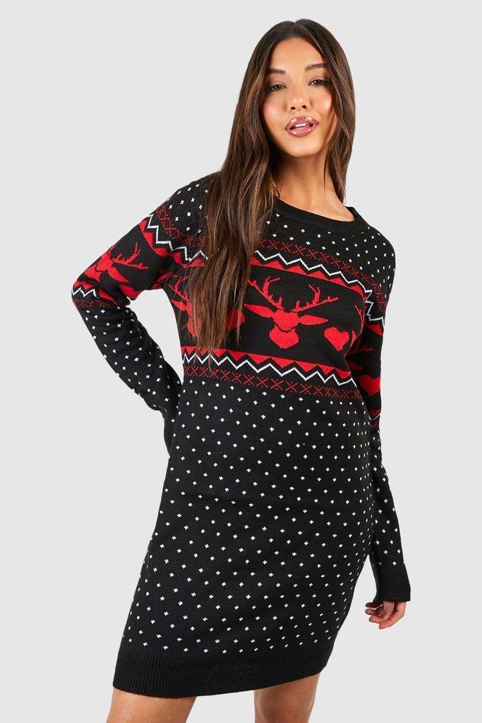 Womens Hearts Fairisle Christmas Jumper Dress - Black - S, Black