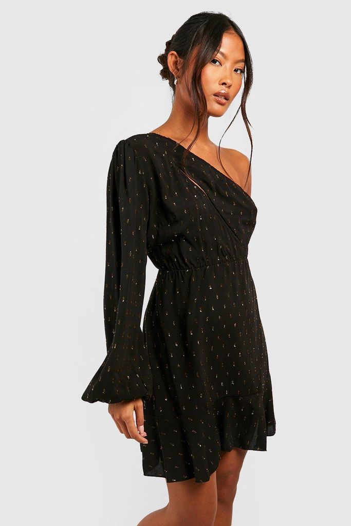 Womens Petite Metallic Spot Asymmetric Mini Dress - Black - 6, Black