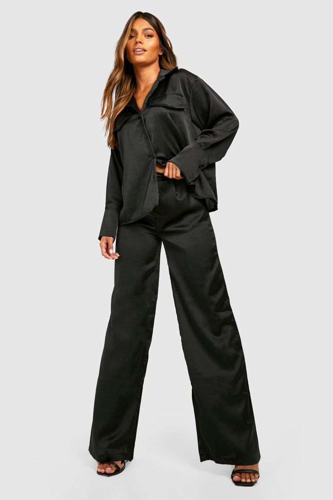 Womens Satin Relaxed Fit Shirt & Wide Leg Trousers - Black - 16, Black