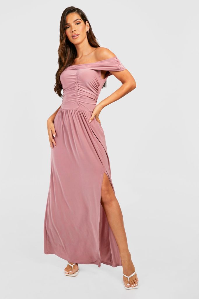 Womens Slinky Rouched Bardot Split Maxi Dress - Pink - 18, Pink