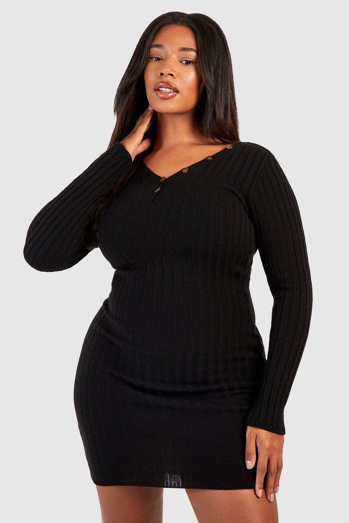Womens Plus Wide Rib Knitted Deep V Mini Dress - Black - 16, Black