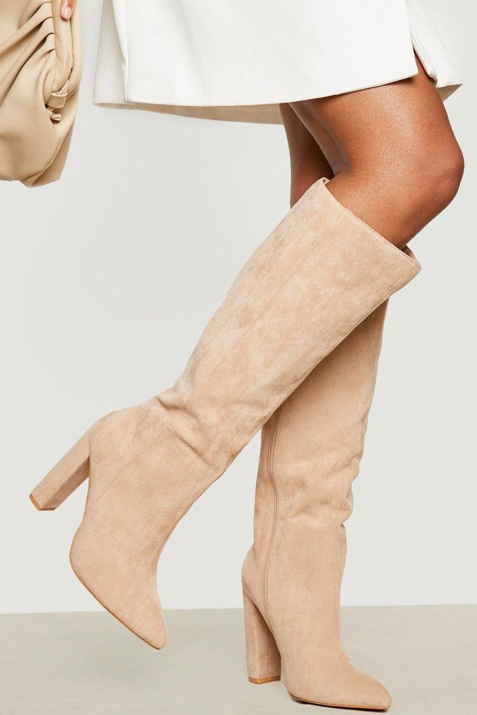 Womens Wide Fit Pointed Knee High Heeled Boots - Beige - 4, Beige