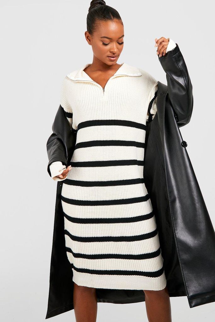 Womens Tall Half Zip Striped Jumper Dress - Beige - S, Beige