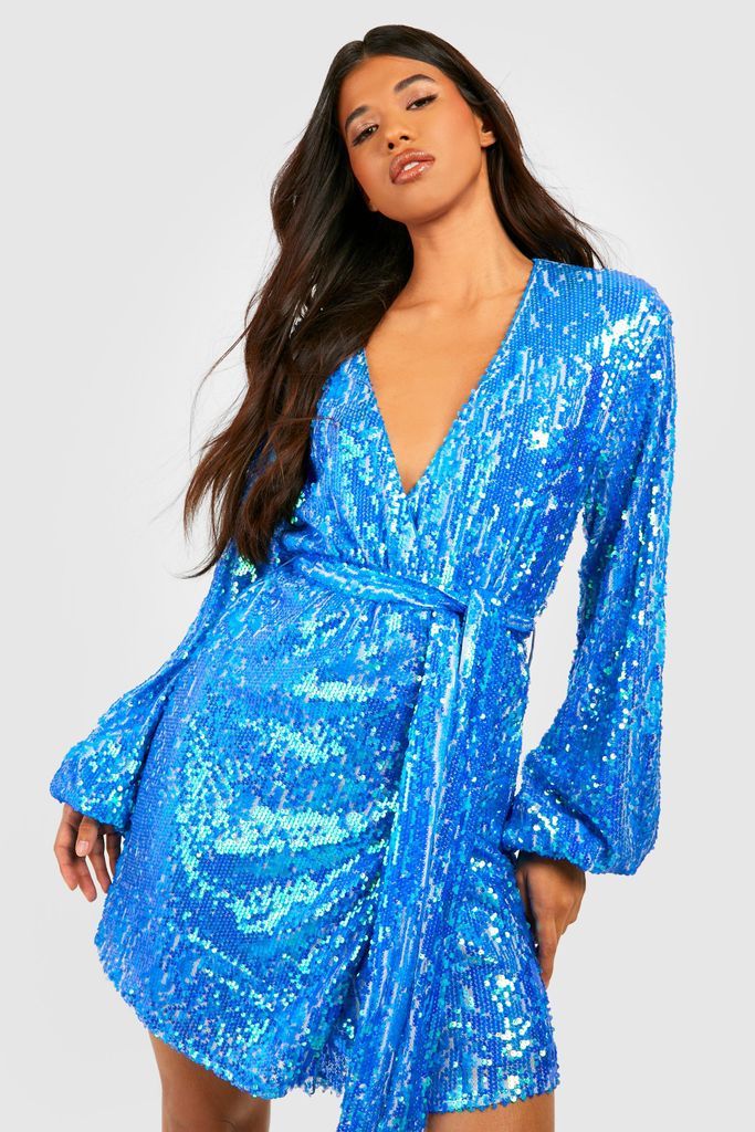 Womens Tall Bright Wrap Over Sequin Dress - Blue - 12, Blue
