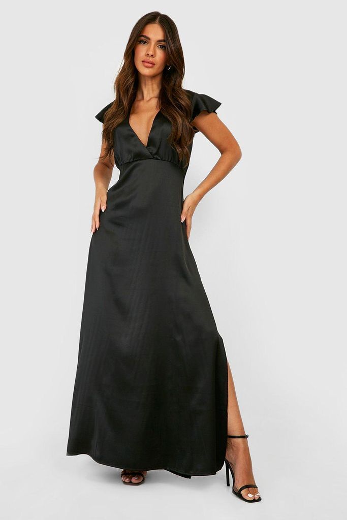 Womens Satin Plunge Frill Detail Maxi Dress - Black - 10, Black