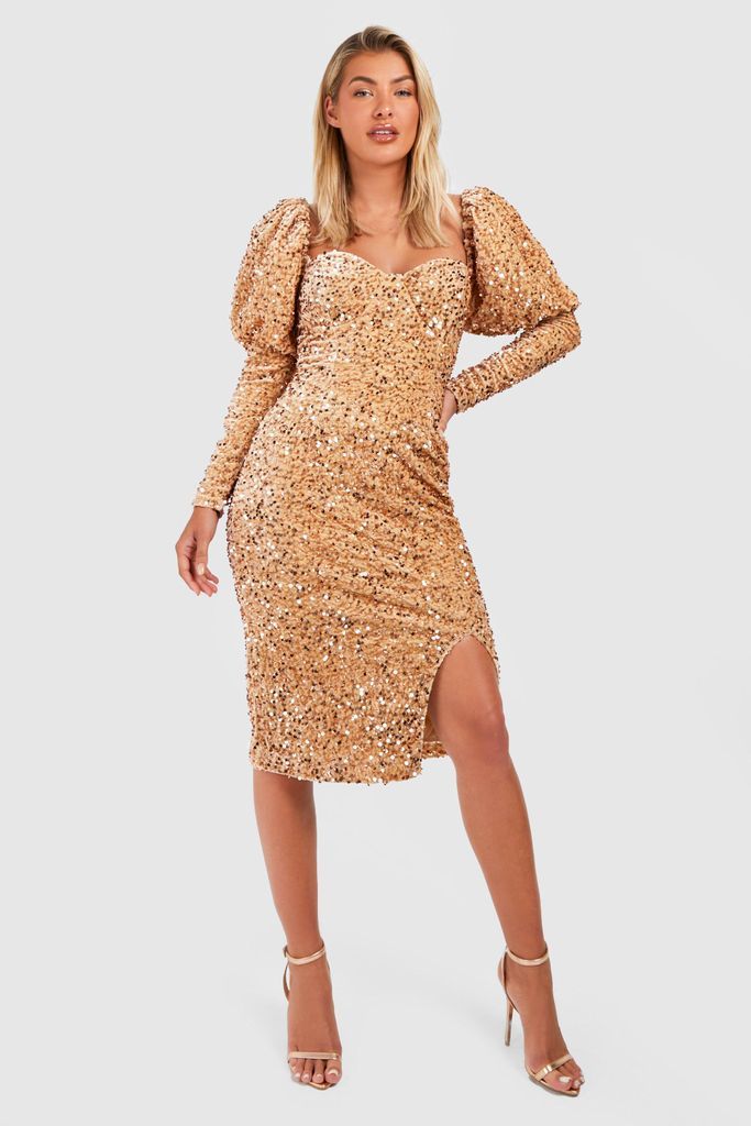 Womens Sequin Puff Sleeve Midi Party Dress - Gold - 10, Gold